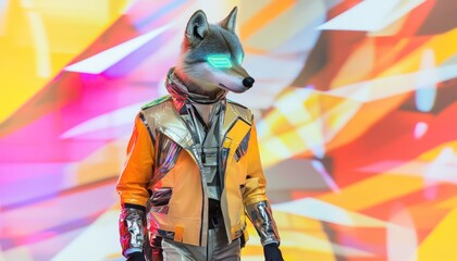 Wolf mascot wearing futuristic clothes and illuminated glasses standing on colorful stage
