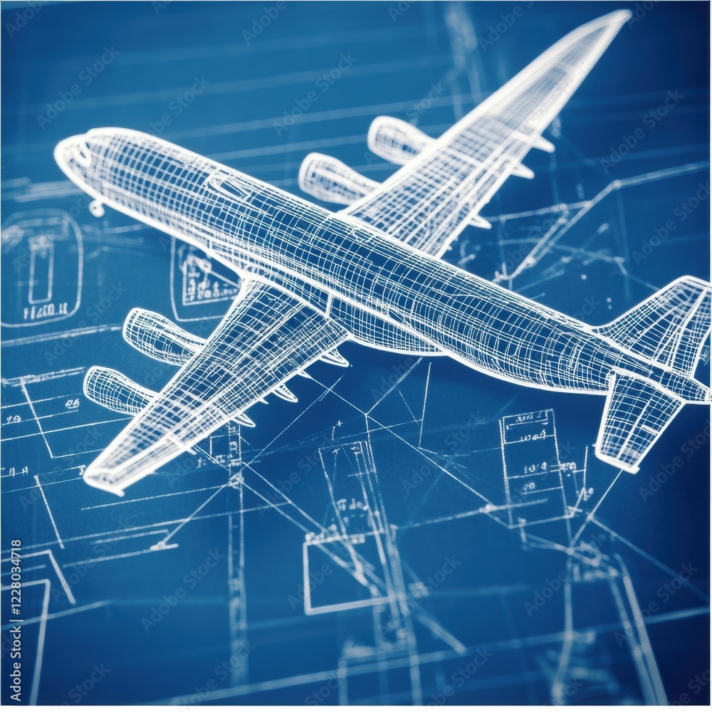 Poster technical blueprints showcasing the detailed design and specifications of an airplane craft. generat
