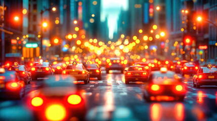 Urban traffic scene with taxi cabs and cars on wet evening street, illuminated by glowing red...