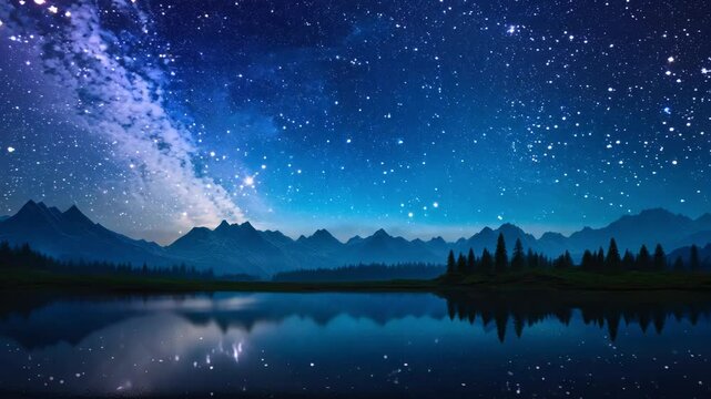 Night sky with stars in summer landscape in forest. Falling stars, long lines, meteorites. Beautiful night background with cosmic body. Romantic night for lovers