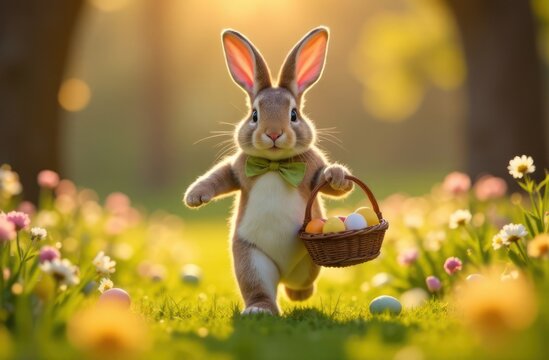 festive bunny with green bow tie and easter egg basket in flower field - concept of easter joy, holiday excitement, springtime festivities - Powered by Adobe