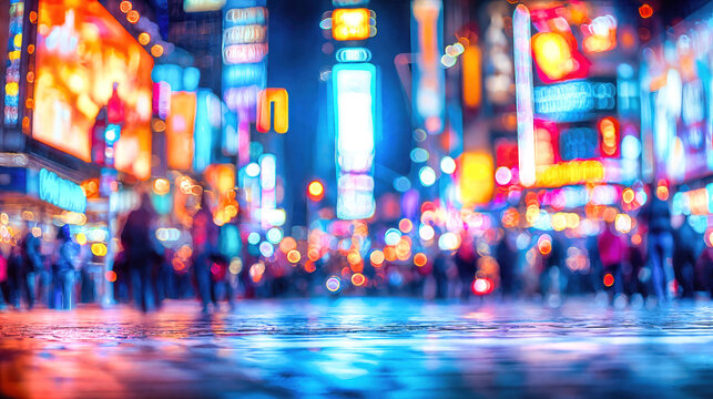 Urban nightlife with vibrant neon lights reflecting on wet pavement, colorful bokeh effect. Blurred silhouettes of people walking beneath illuminated billboards and signs in entertainment district