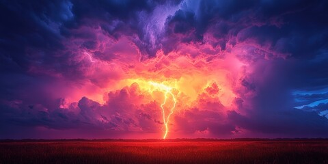 Fototapeta premium Dramatic lightning strike illuminates vibrant storm clouds over open field at sunset
