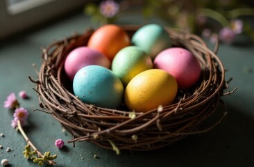 vibrant floral decorated easter eggs on green foliage - concept of easter decor, spring celebration, festive crafts