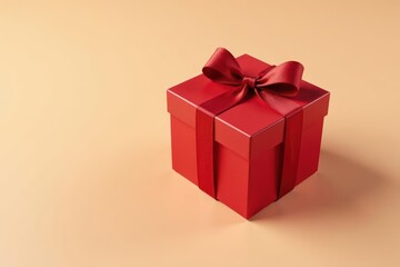 Fototapeta premium Red gift box on beige background with soft shadows, luxurious, colorful