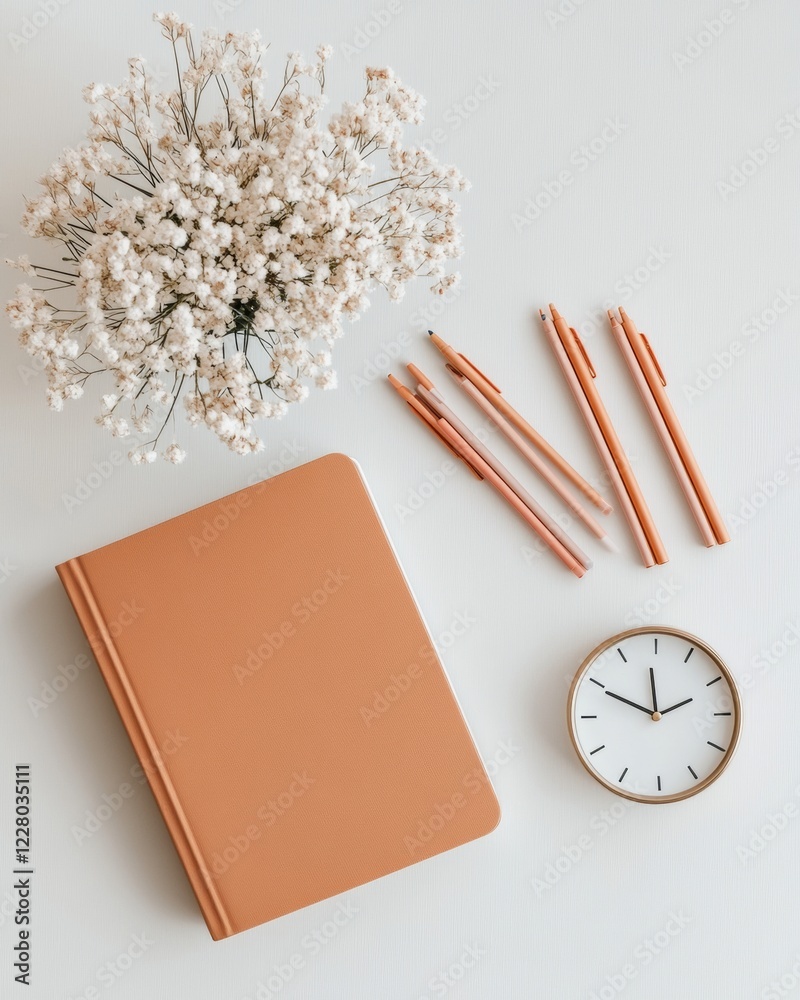 Poster scandinavian minimalist workspace neutral planner and pens with modern clock on wooden desk - produc