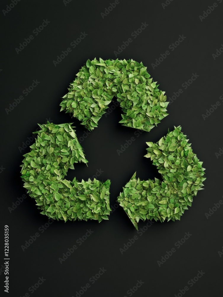 Poster biophilic branding grass and leaf recycle symbol on dark background - eco-friendly visual for sustai