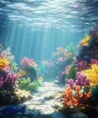 Naklejka premium Colorful coral reef underwater with sunlight filtering through