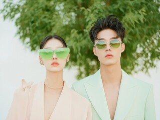 Pastel City Chic Slim Asian Couple in Trendy Spring Outfits with Shopping Bags - Urban Fashion Influence and 2023 Style Guide for Retail Advertising