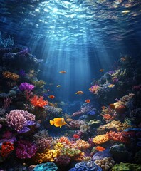 Obraz premium Vibrant coral reef teeming with tropical fish in clear water