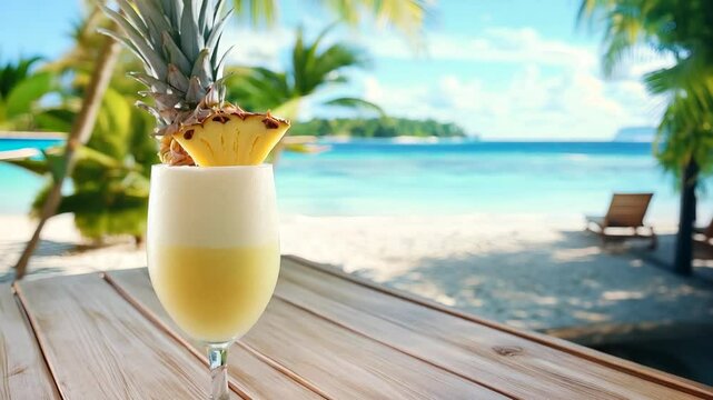 A glass of pineapple juice is sitting on a wooden table by the ocean. The scene is relaxed and inviting, with the ocean in the background and chairs nearby