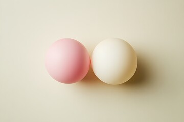Two eggs, one pink and one white, lie on a beige background.