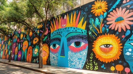 Vibrant street mural featuring colorful faces urban city wall outdoor eye-level view