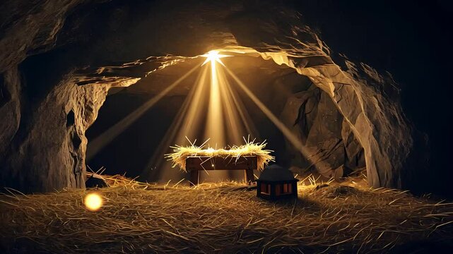 Glowing Nativity Manger in a Cave with Radiant Light Beams and Straw, Symbolizing the Birth of Jesus Christ

