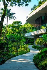 Exotic luxury travel destination with lush greenery and modern architecture