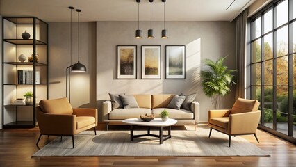 Minimalist Beige Living Room Interior Design Stock Photo - Blank Wall Art, Modern Furniture