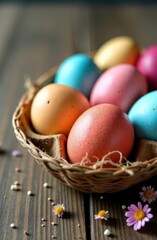 vibrant floral decorated easter eggs on green foliage - concept of easter decor, spring celebration, festive crafts