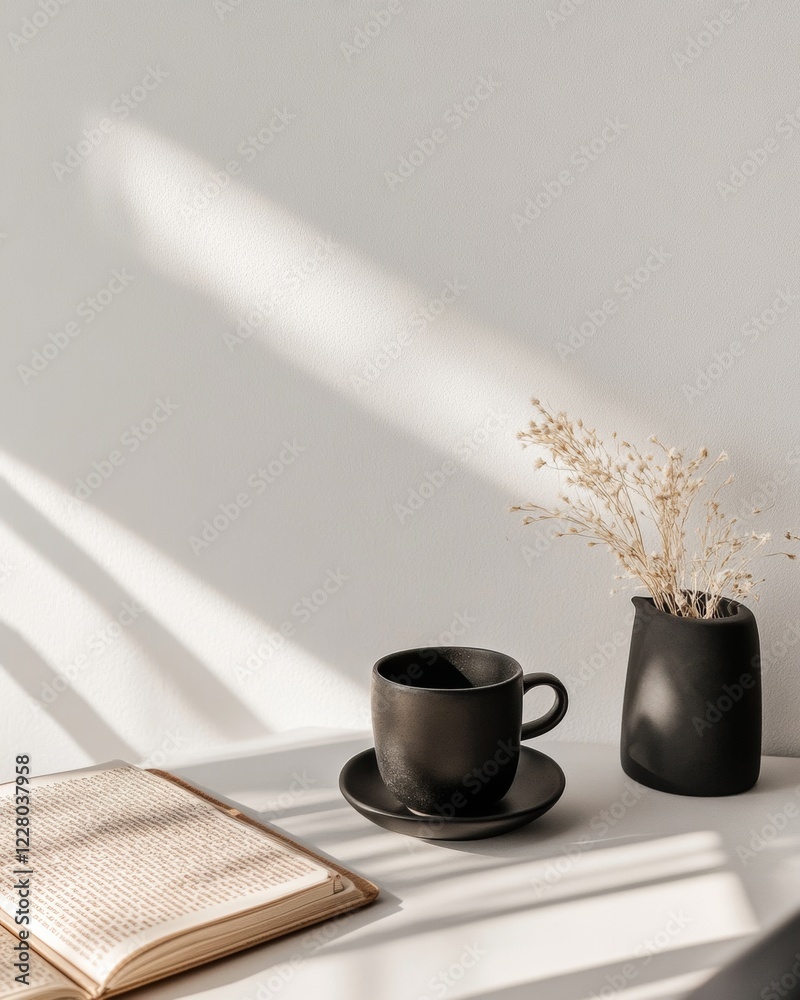 Aufkleber minimalist workspace aesthetic black ceramic coffee cup and open notebook on sunlit surface - elevat