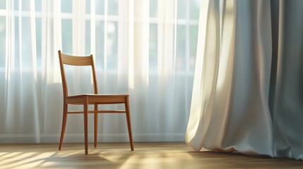 A wooden chair sits in front of a window with white curtains.