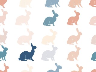 Seamless pattern with colorful bunnies sitting sideways on white background