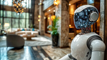 Fototapeta premium service robot with digital interface display head in modern luxury interior space featuring ambient lighting, stone columns, floor to ceiling windows. Future technology meets hospitality concept.