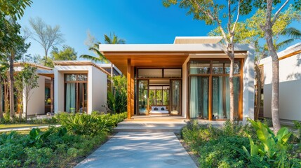 Naklejka premium Modern bungalow overlooking tropical garden with lush greenery and palm trees
