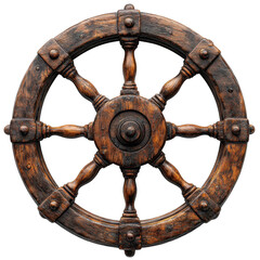 Obraz premium Wooden ship wheel displaying intricate craftsmanship found in a nautical-themed interior setting isolated on transparent background