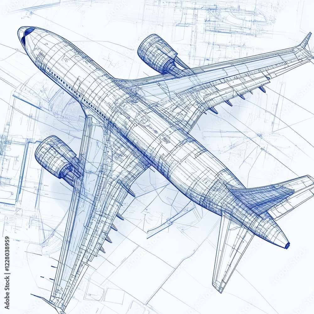 Fototapete technical blueprints showcasing detailed design of an airplane with clear annotations and structural