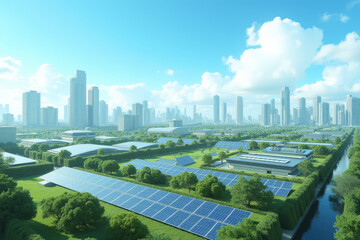 Fototapeta premium City buildings, solar panels and futuristic structures in blue and green tones 