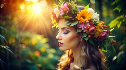Minimalist Close-Up: Tropical Flower Crowned Singer in Lush Summer Garden