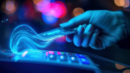 Credit card connected to chip of pos terminal, futuristic view of hand and digital contactless payment. Concept of data, tech, bank, technology.  - Powered by Adobe