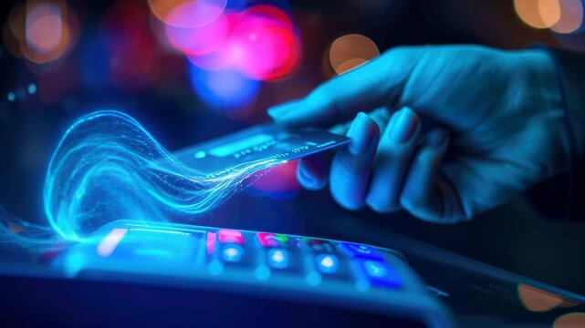 Credit card connected to chip of pos terminal, futuristic view of hand and digital contactless payment. Concept of data, tech, bank, technology. 
