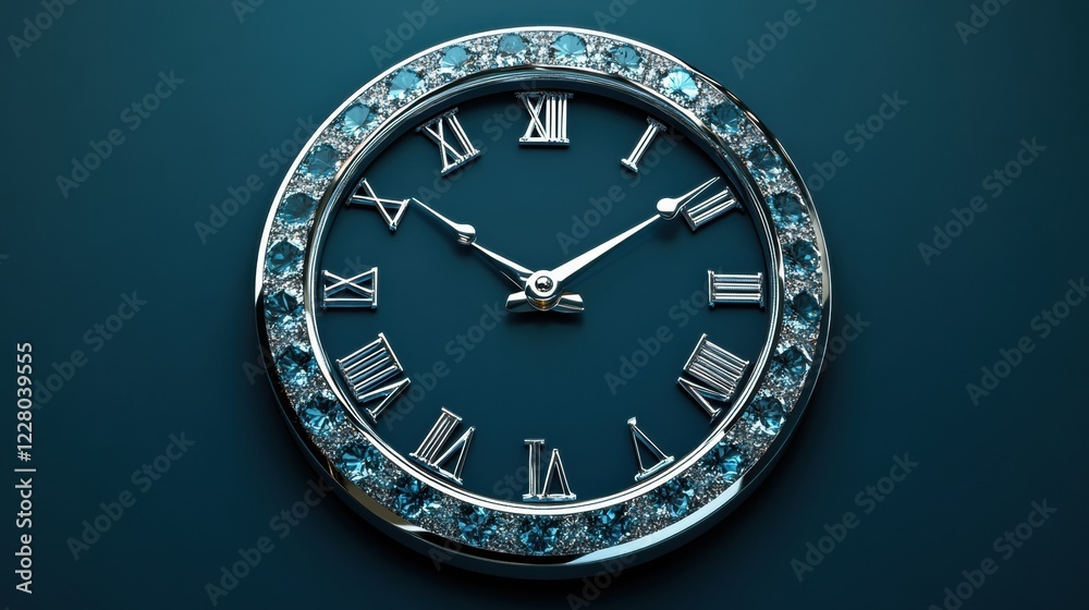 Aufkleber elegant wall clock with roman numerals and decorative gemstones on a deep blue background showcasing