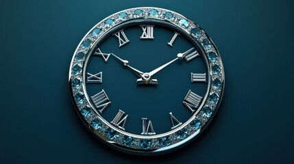 Elegant wall clock with roman numerals and decorative gemstones on a deep blue background showcasing refined craftsmanship. Generative AI