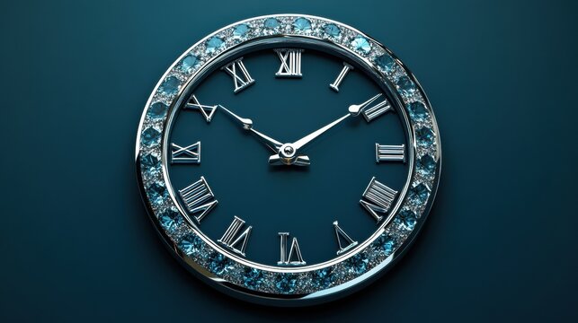 Elegant wall clock with roman numerals and decorative gemstones on a deep blue background showcasing refined craftsmanship. Generative AI