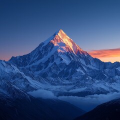 Majestic Snowy Peak at Dramatic Sunrise with Warm Sky Hues