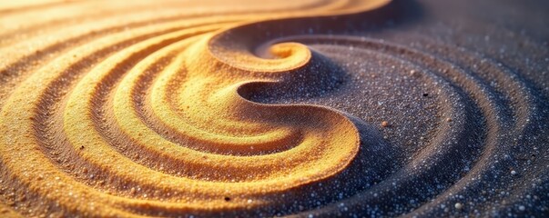 Textured sand, yin yang, raked lines, zen garden, feng shui, balance