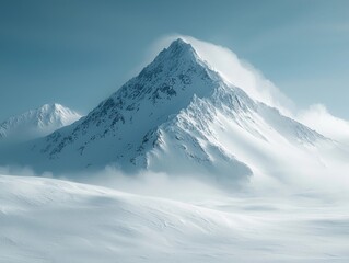 Obraz premium Majestic Snow Capped Mountain Peak Emerging from Swirling Mist under Clear Blue Sky Concept