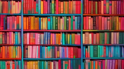 A Vibrant, Colorful Bookshelf Filled With Countless Books, Creating A Cheerful And Studious Atmosphere.