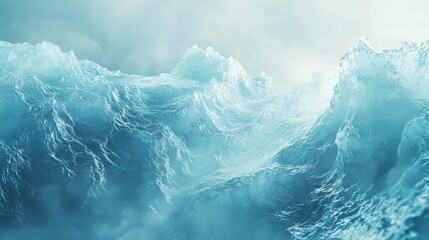 Ethereal waves of icy blue and silver floating over a translucent glass-like surface, futuristic and minimalist background 