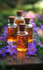 Three small bottles of oil are on a wooden table with purple flowers. The flowers are purple and white and are scattered around the bottles. Scene is calm and peaceful, as the flowers