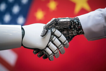 Close-up of humanoid robot extends its hand for a handshake with a metallic robotic hand against a backdrop of American and Chinese flags, representing international collaboration in Ai technology.