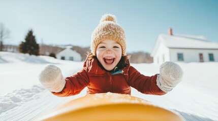 Eco-Conscious Winter Play Latino Child with Biodegradable Sled on Snowy Vermont Day - Sustainable Family Recreation and Seasonal Marketing Imagery
