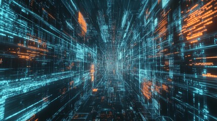 Fototapeta premium A Digital Tunnel Of Glowing Teal And Orange Code Streams, Creating A Futuristic And Dynamic Visual Experience.