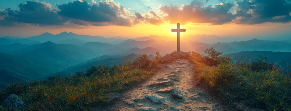 A cross is lit up in the sky above a mountain range. The sun is setting, casting a warm glow over the landscape. The scene is serene and peaceful, with the cross serving as a symbol of hope and faith