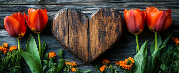 A wooden heart is surrounded by flowers and leaves. The heart is placed in the center of the image, with the flowers and leaves surrounding it. Concept of love and warmth, as the heart