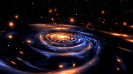 Obraz premium Spiral Galaxy with Swirling Stars and Cosmic Dust in Deep Blues, Purples, and Vibrant Oranges Against the Blackness of Space