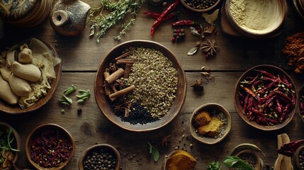 Colorful, organic seasoning assortment on wooden table, for culinary enrichment and food presentation.