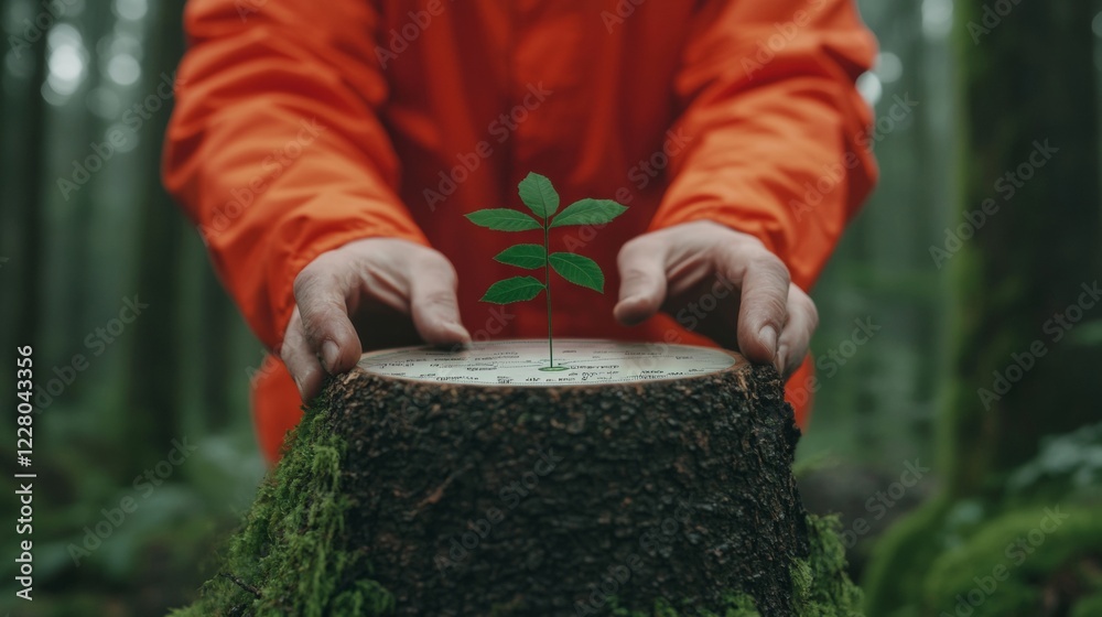 Poster eco-tech monitoring digital caliper assessing tree growth on mossy stump - advanced forest conservat