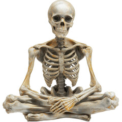 Realistic skeleton seated in a meditative pose provides an eerie yet captivating decorative element for Halloween celebrations isolated on transparent background